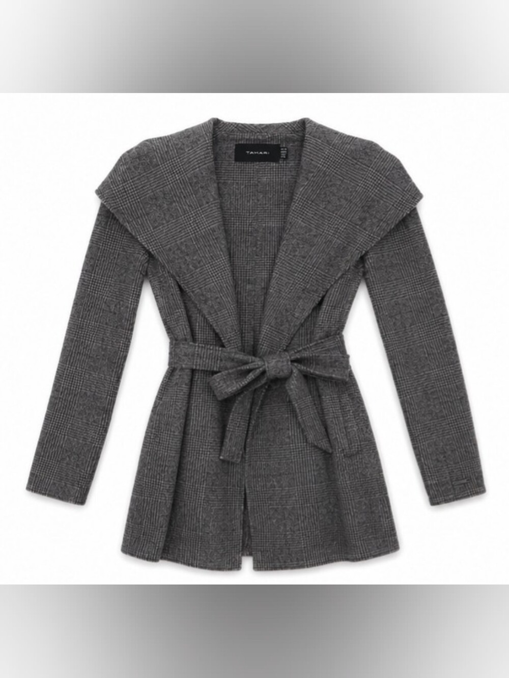 Tahari Women's Gray Plaid Belted Wrap Coat with Shawl Collar - Size Small